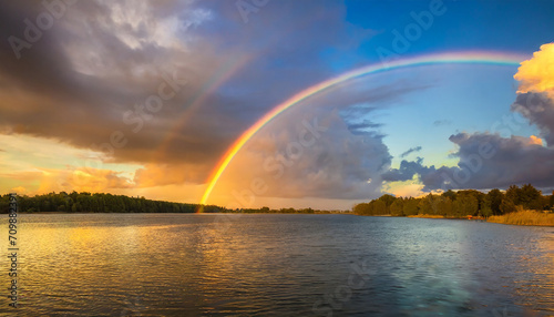 Beautiful cloudscape over the lake during sunset with a rainbow