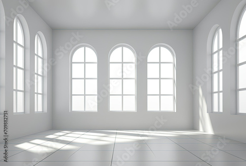 Empty Room With Three Windows and Tiled Floor