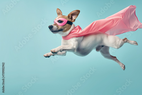 Super Dog. Funny puppy wearing superhero costume looking awa on empty space. Isolated on blue background. funny super dog flying