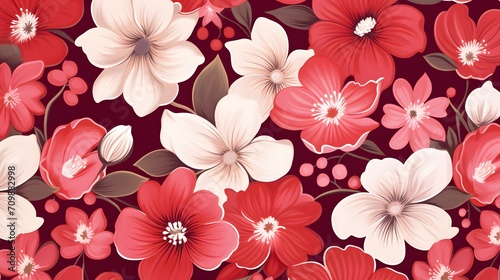 Pattern of Stylized White, Pink, and Green Flowers on a Red Background