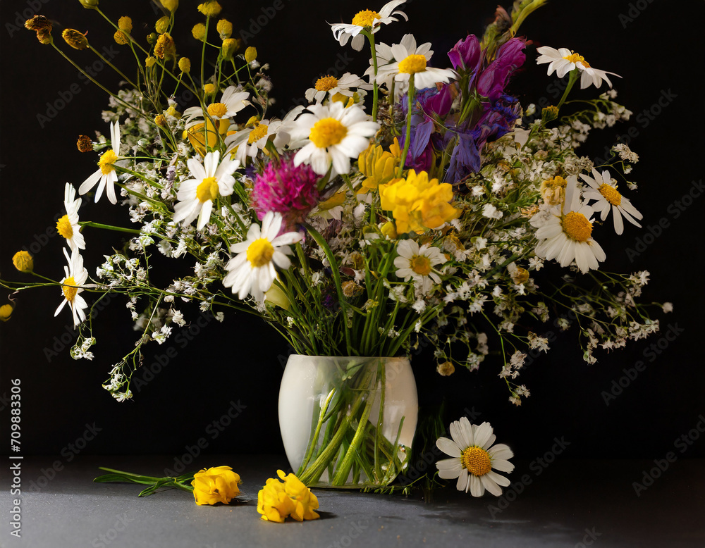 bouquet of wildflowers in a vase on a black background