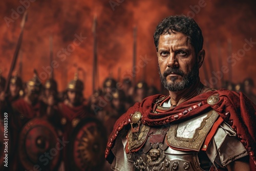 Studio portrait of a male Roman Emperor in ceremonial armor, against a backdrop of Roman legions in formation. © furyon