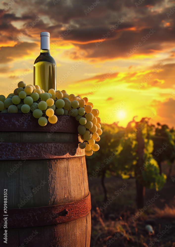 Bottle of white wine beside wooden barrel, grapes against vineyard sunset