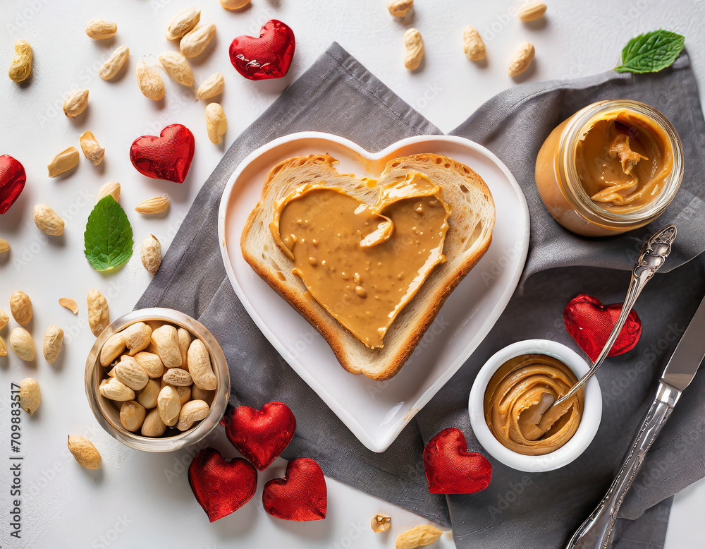 Bread toast in heart shape with peanut butter on white background. Top view. Valentines day food concept