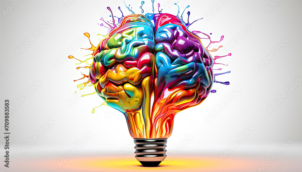 Illuminated Brain, Colorful Mind Encased in Light Bulb Illuminated Brain, Colorful Mind Encased in Light Bulb