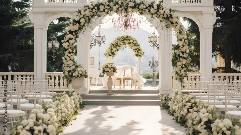 Place for wedding ceremony in white color with white fireplace and chandeliers decorated with flowers and white cloth and wooden chairs for guests on each side outdoors