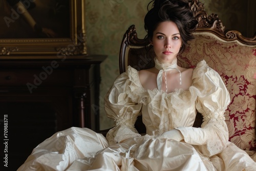 Studio portrait of an American woman in a classic southern belle gown, against a backdrop of a historic mansion. photo