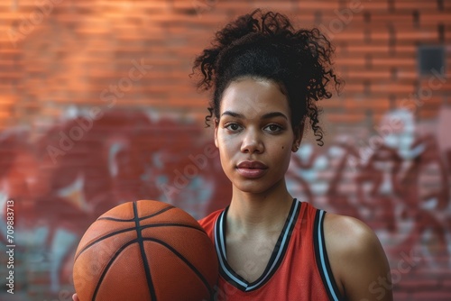 Studio portrait of an American woman in a sports jersey, holding a basketball, against a gymnasium backdrop.