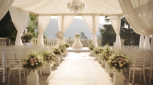 Place for wedding ceremony in white color with white fireplace and chandeliers decorated with flowers and white cloth and wooden chairs for guests on each side outdoors