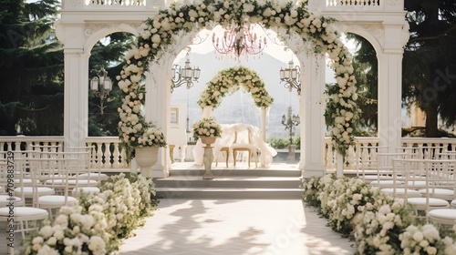 Place for wedding ceremony in white color with white fireplace and chandeliers decorated with flowers and white cloth and wooden chairs for guests on each side outdoors © Ziyan Yang