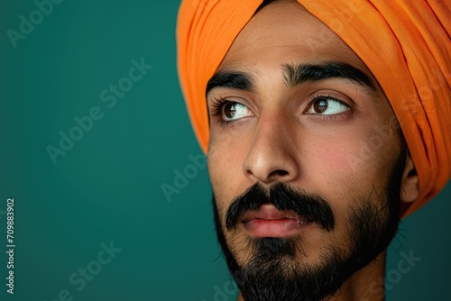 Studio shot of a young Indian man with a turban, isolated on a deep green background.