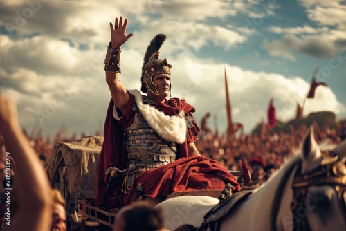 Studio shot of a male Roman Emperor in a triumphal chariot, against a backdrop of cheering Roman citizens.