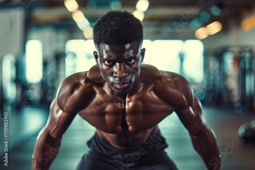 Studio shot of an African American man in athletic sportswear, doing a workout, against a backdrop of a gym.