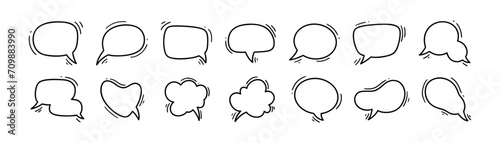 Doodle blank speech bubble set. Comic talk cloud and balloon icons. Speak, think, chat, conversation, dialog, discussion cartoon hand drawn concept. Space for text. Manga style