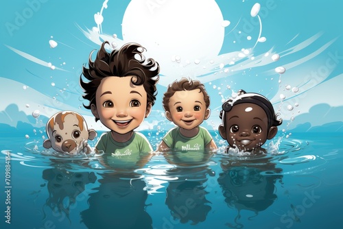 Swimming lessons at Baby Swimming School. The baby is depicted content and safe, enjoying the water while building water confidence.