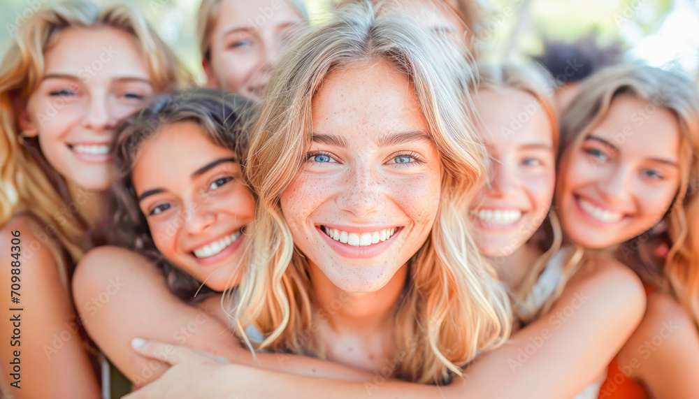Group of smiling friends, National Common Courtesy Day celebration, February, people concept, generative ai Group of smiling friends, National Common Courtesy Day celebration, February, people concept, generative ai