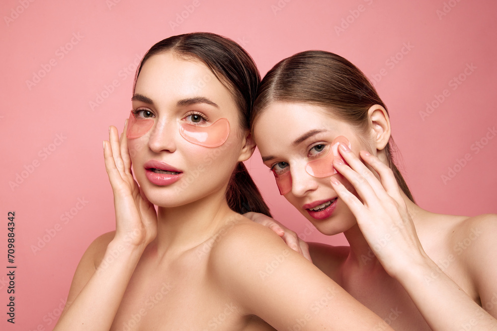 Refreshed radiance. Young girls emphasize their natural beauty sans makeup, embracing art of self-care with moisturized, hyaluronic under-eye patches Concept of beauty treatments, anti-aging, spa. Ad Refreshed radiance. Young girls emphasize their natural beauty sans makeup, embracing art of self-care with moisturized, hyaluronic under-eye patches Concept of beauty treatments, anti-aging, spa. Ad