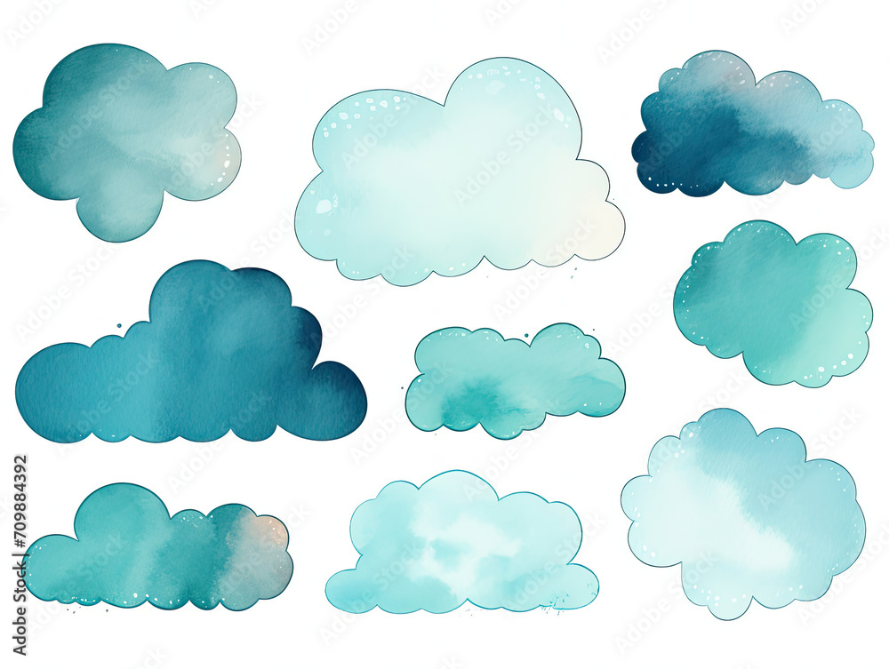 Watercolor Clouds Set on White Background