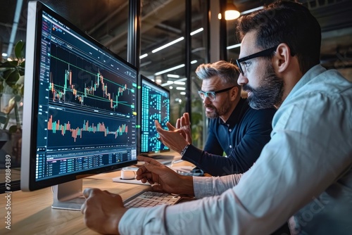 Two diverse crypto traders stock exchange market investors discussing trading charts research reports growth using pc computer looking at screen analyzing invest strategy, financial, Generative AI photo