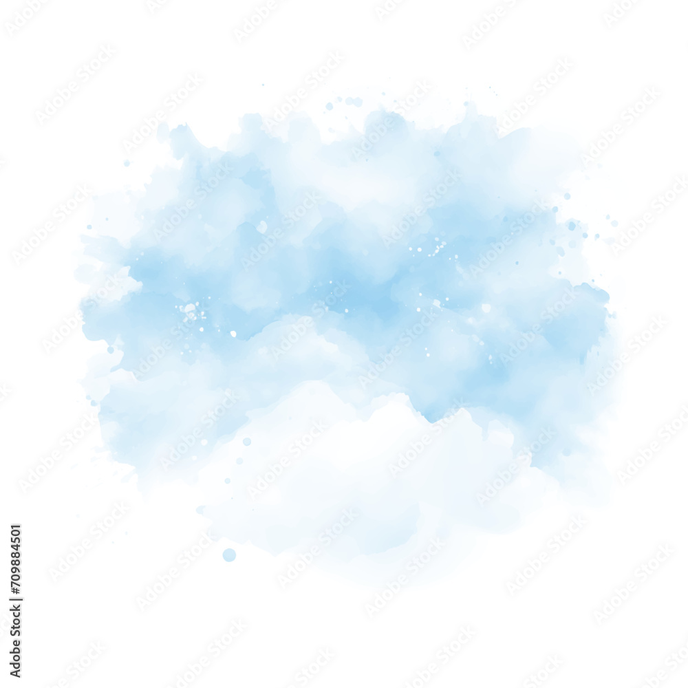 Abstract pattern with blue watercolor cloud on white background. Cyan watercolour water brash splash texture. Vector pastel color paint stain. Blue watercolor background