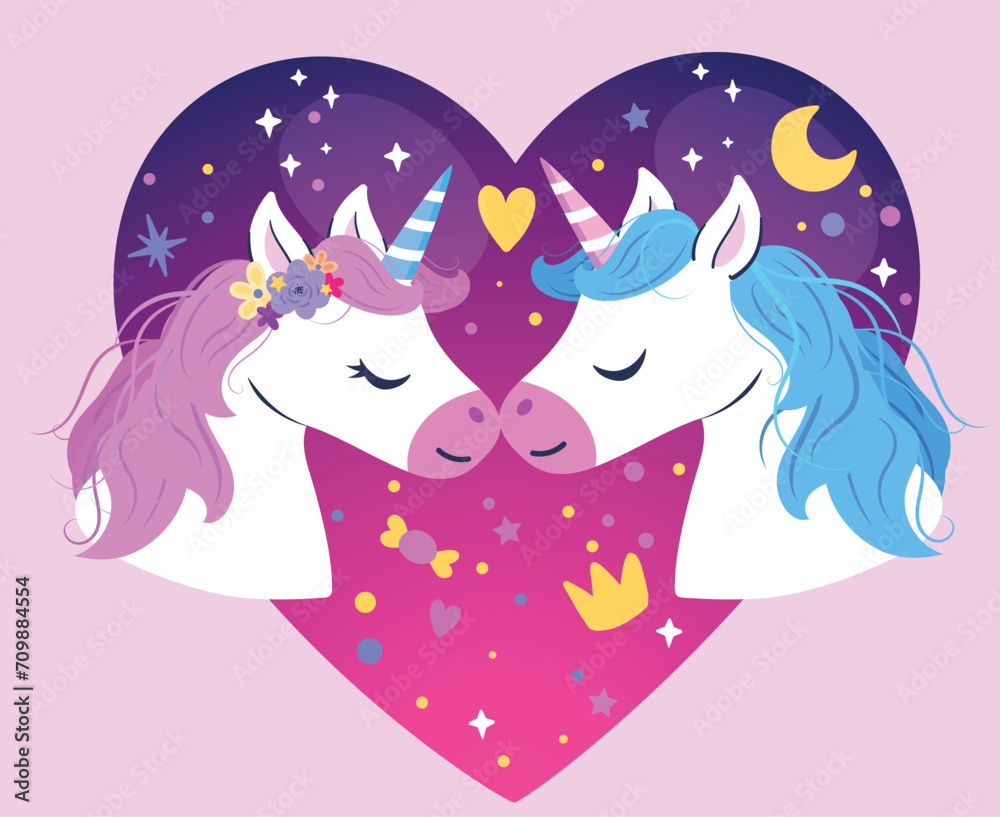 Fototapeta premium Cartoon unicorns for St. Valentine's Day on February 14. Magical unicorn vector illustration with glitter. Vector characters for birthday, invitation, kids t-shirts and stickers