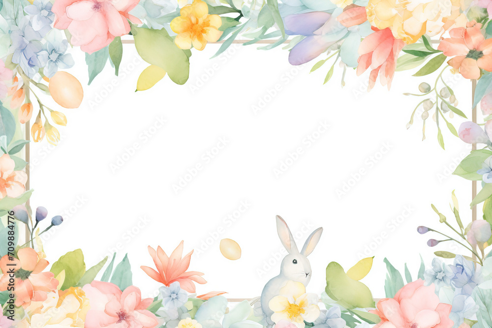 a frame incorporating elements of an Easter egg hunt, showcasing decorated eggs hidden among flowers, along with cute bunnies, nests, pastel-colored a frame incorporating elements of an Easter egg hunt, showcasing decorated eggs hidden among flowers, along with cute bunnies, nests, pastel-colored