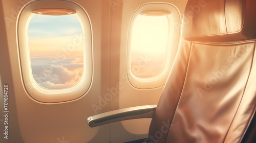 Plane window with white sunlight. Empty plastic airplane tray table at seat back. Economy class airplane window. Inside of commercial airline. Seat with armchair. Leather seat of economy class plane. 