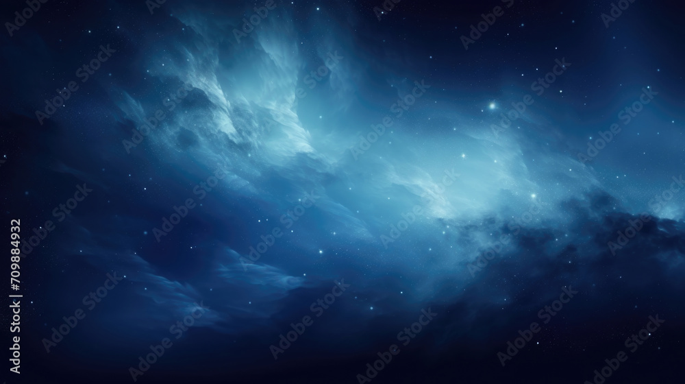 Ethereal cosmic nebula with stars in shades of blue background