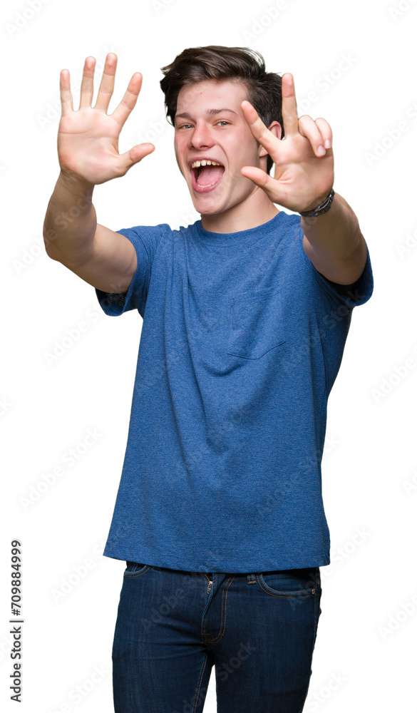 Young handsome man wearing blue t-shirt over isolated background showing and pointing up with fingers number eight while smiling confident and happy. Young handsome man wearing blue t-shirt over isolated background showing and pointing up with fingers number eight while smiling confident and happy.