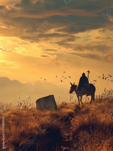 Palm Sunday concept  Silhouette Jesus Christ riding donkey with tomb stone on meadow sunset background  poster  realistic  HD  copy space - generative ai
