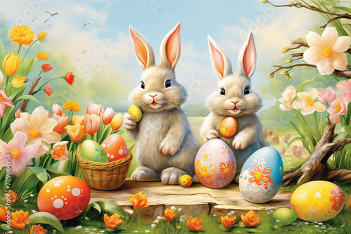 adorable bunnies hopping among decorated eggs