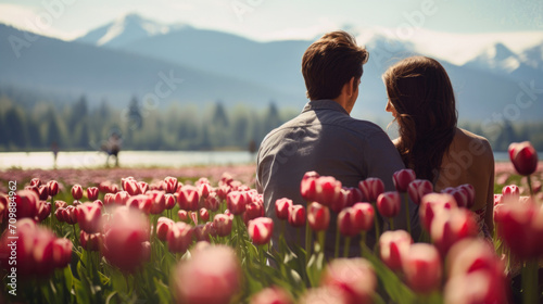 Joyful young couple in tulip flowers spring blooming field sharing a moment photo