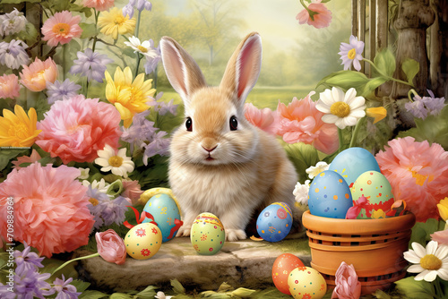 adorable bunnies hopping among decorated eggs photo