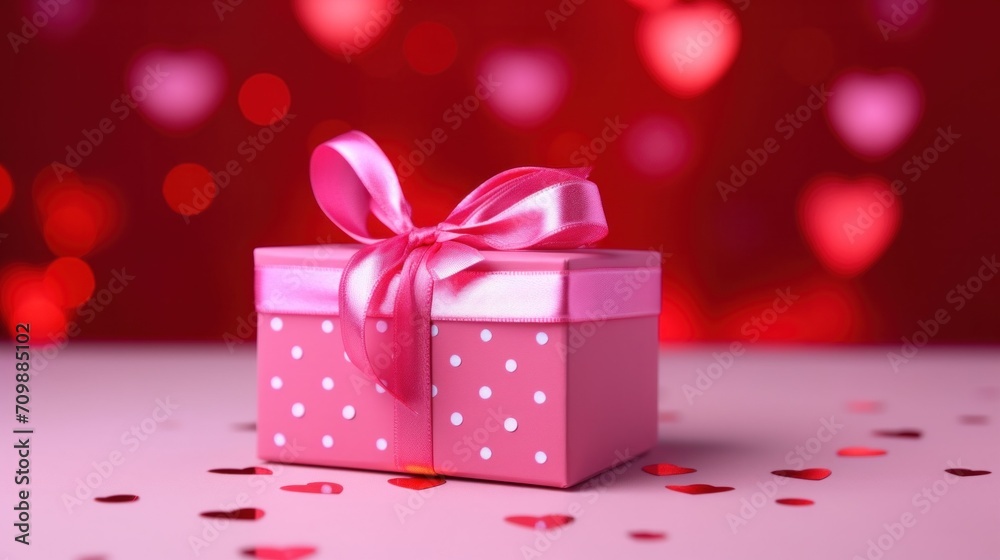 A pink gift box with a pink bow on it