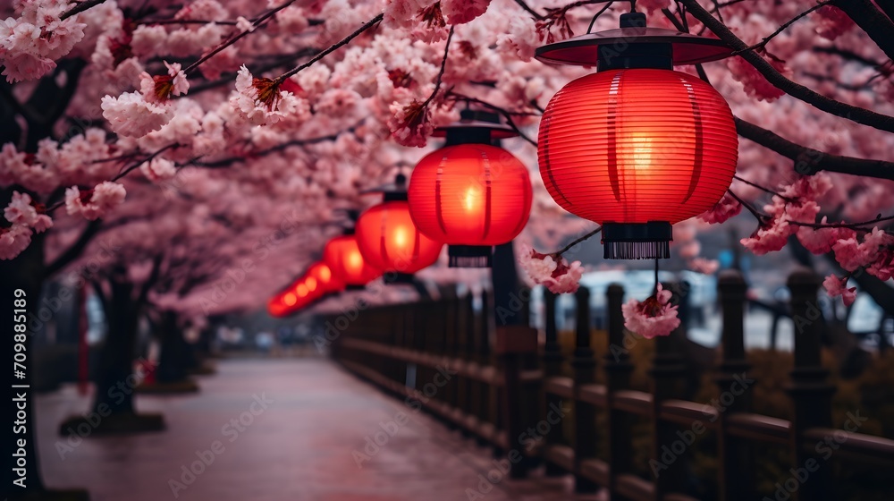 Red and White Lanterns Complement Blooming Cherry Blossoms