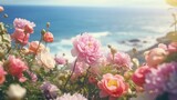 A field of flowers with the ocean in the background
