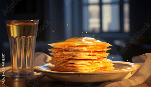 Crepes with Golden Syrup and Glass of Water
 photo