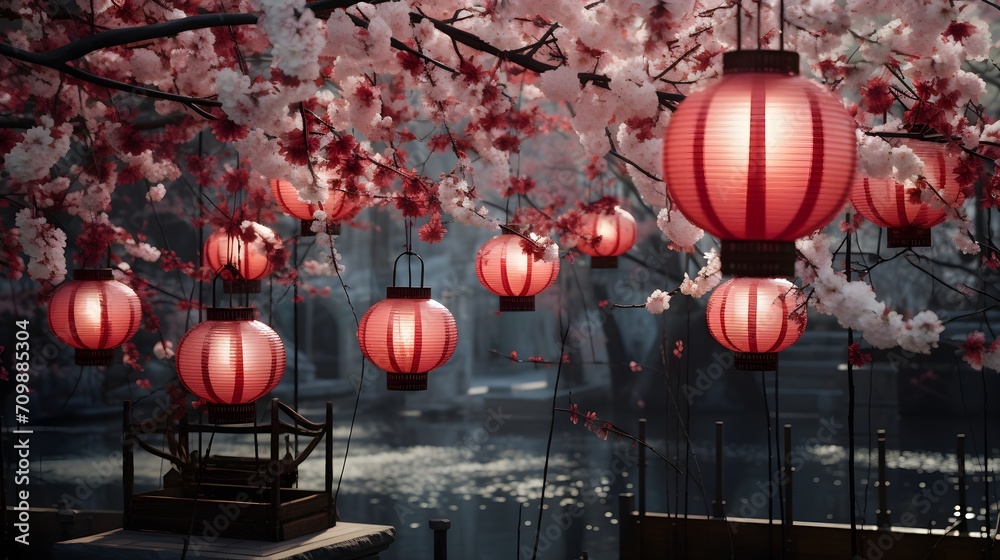 Red and White Lanterns Complement Blooming Cherry Blossoms