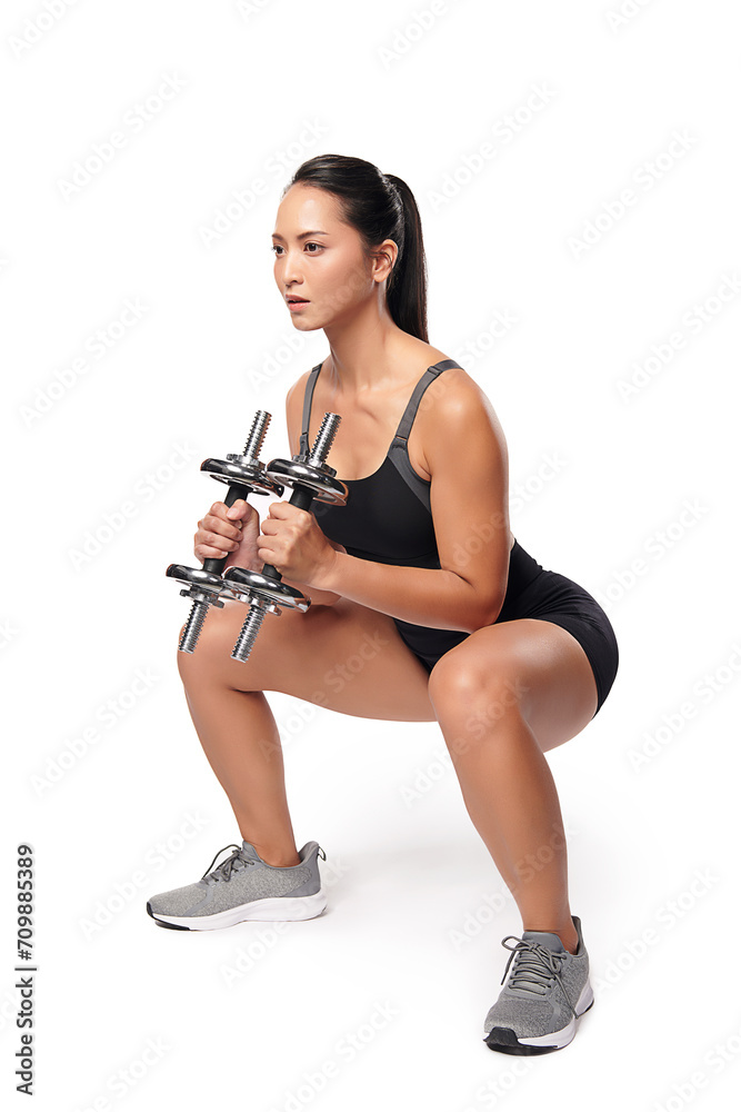 an asian woman is working out with dumbbells wearing the sport exercise suit with white background, an asian woman is working out with dumbbells wearing the sport exercise suit with white background,