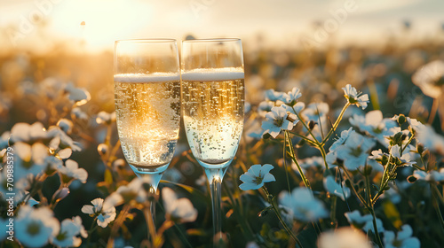 Product photograph of two glasses of champagne in a field of blooming flowers. Sunlight. Drinks. Valentines. Love