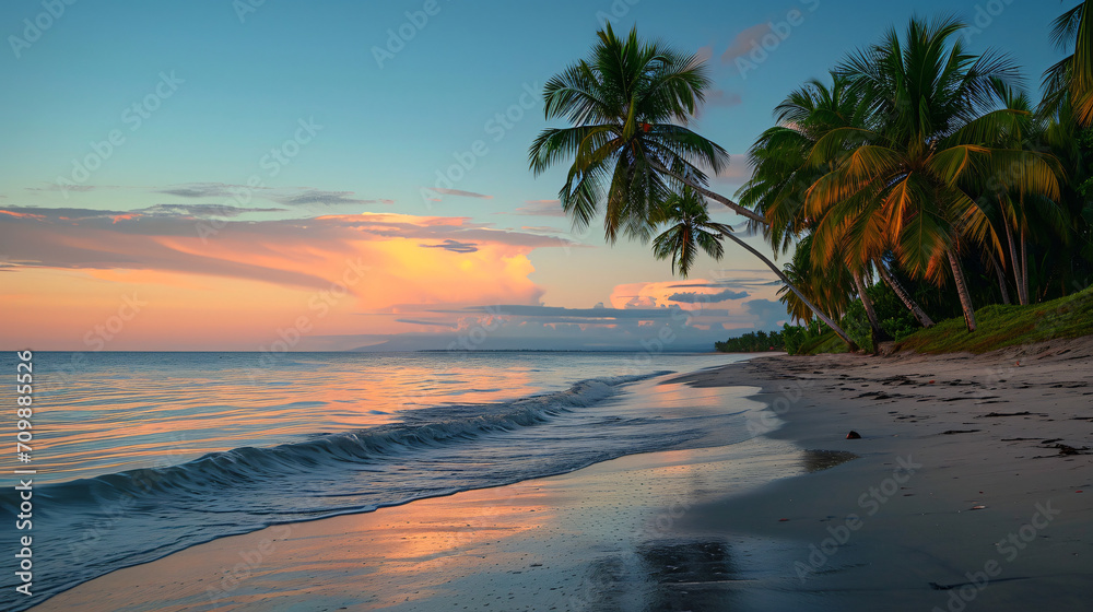 Tropical sunset landscape with palm trees and a calm beach.