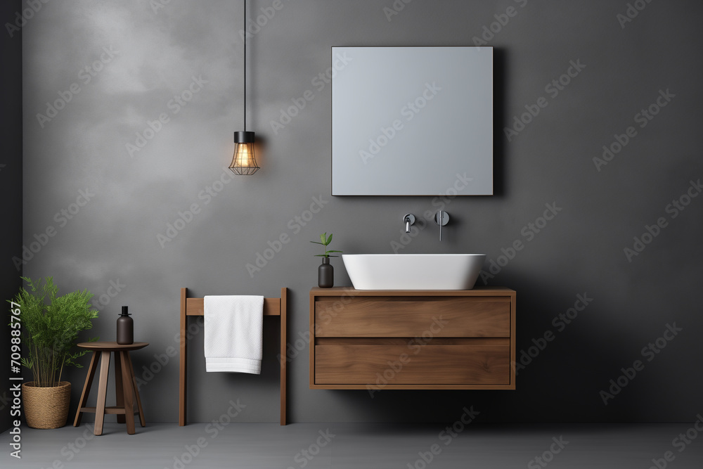 modern bathroom in gray tones and wooden furniture modern bathroom in gray tones and wooden furniture