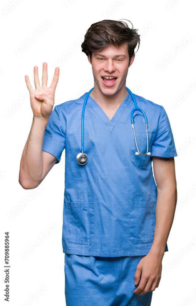 Young doctor wearing medical uniform over isolated background showing and pointing up with fingers number four while smiling confident and happy. Young doctor wearing medical uniform over isolated background showing and pointing up with fingers number four while smiling confident and happy.