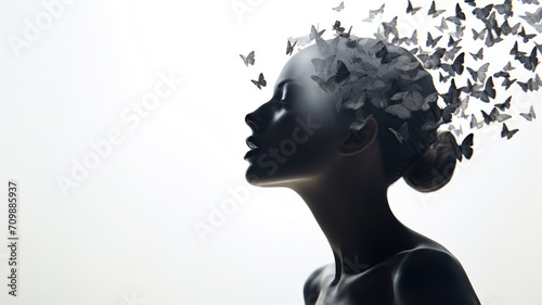 Woman profile with butterflies dispersing from head, concept of mental health