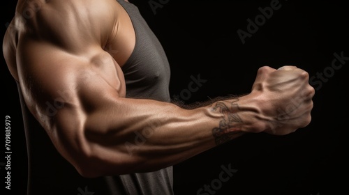 tense arm clenched into fist, veins, bodybuilder muscles on a dark background. Neural network AI generated art © mehaniq41