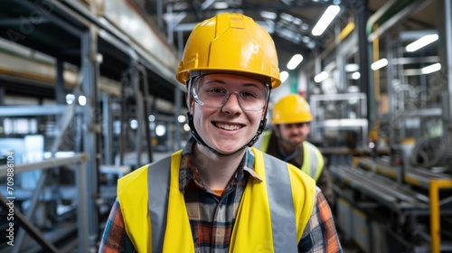 A young man with Down syndrome wears a yellow hard hat and a life jacket. There is work in an industrial factory.