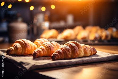 homemade croissants on a baking sheet against the backdrop of a cozy kitchen photo