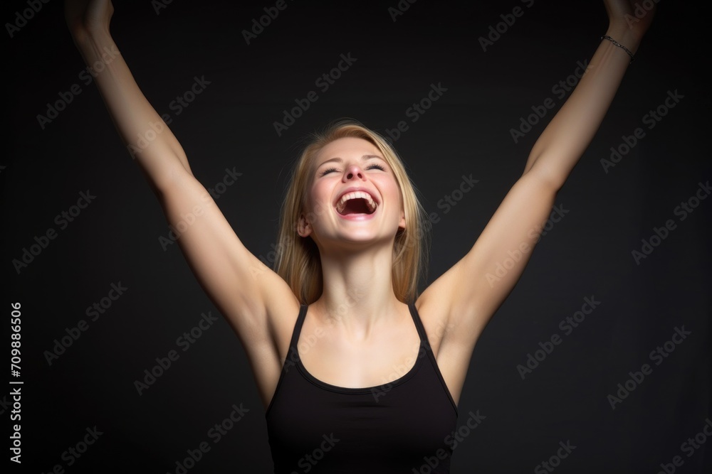 portrait of an attractive young woman celebrating with her arms raised above her head