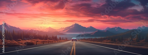 Road trip with sunset. Travel and vacation. colorful photo