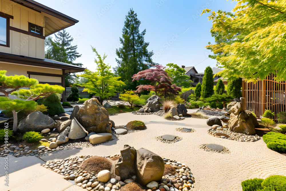 ZenGartenlandschaft Eine harmonische Gartenidylle mit Zengarten, eine
